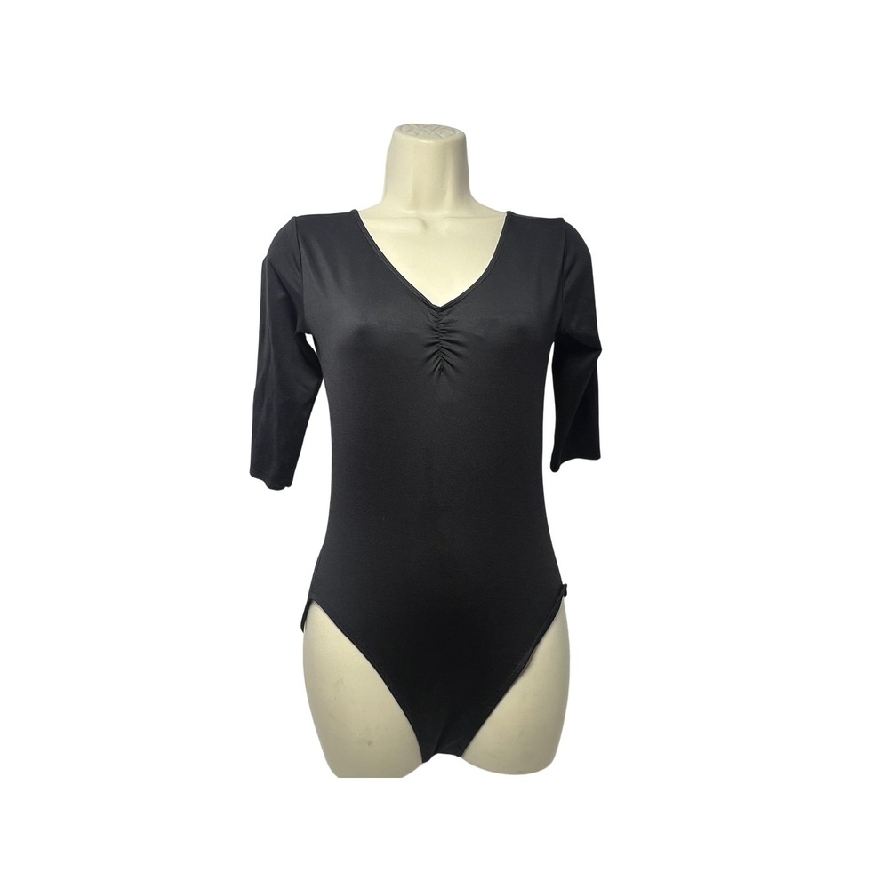 Motionwear Bodysuit Womens Large Black 3/4 Sleeve V Neck Low Back Dance Leotard